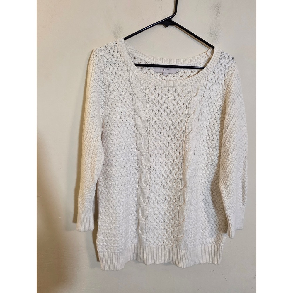Ann Taylor LOFT Cream Cable Knit Wool Rabbit Hair Blend Sweater Large